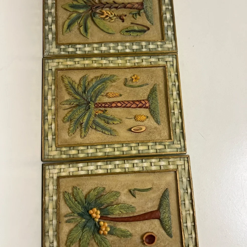 Vintage | Tropical Palm Tree Wall Art Plaques Set of 3 Coastal Boho Décor